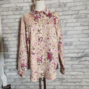 Vintage Lemon Grass Cherry Blossom Faux Suede Button Up Shirt